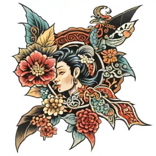 japanese patchwork sleeve tattoo design idea