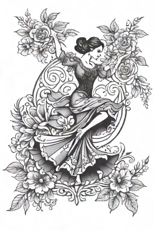 A tattoo of a Flamenco dancer surrounded by vibrant flowers and leaves, symbolizing the joy of dance and the beauty of nature tattoo design idea