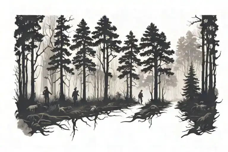 Forest with a lot of scary people-like silouetes  tattoo design idea