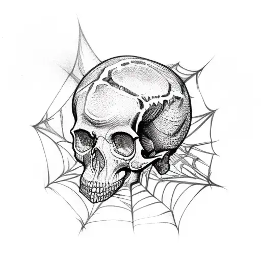 sleeve with spider webs that fade into skulls and snake coming out the skull tattoo design idea