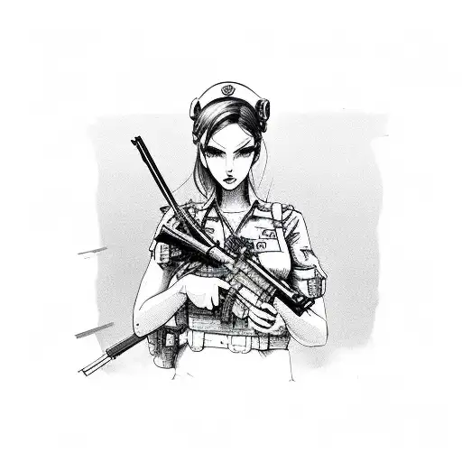 big titty army girl holding a rifle  tattoo design idea