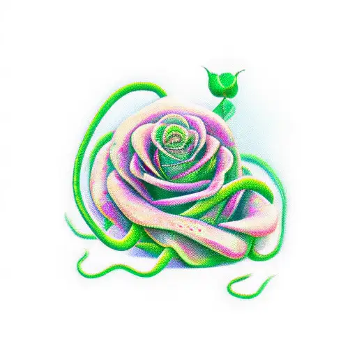green snake weaved through a few red roses  tattoo design idea