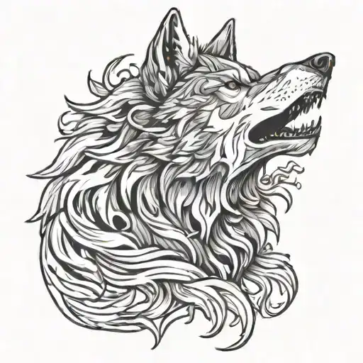 Burning wolf howling tattoo design idea