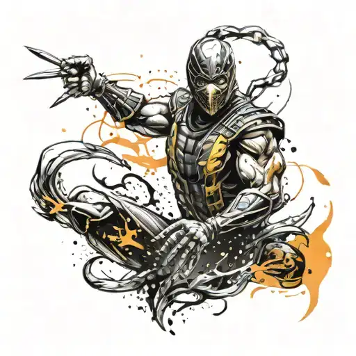 Mortal Kombat scorpion in fighting stance with his spear burning and out and in very high quality and a lot of fire tattoo design idea