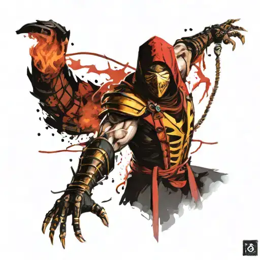 Mortal Kombat scorpion in fighting stance with his spear out and burning in very high quality  tattoo design idea