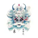 female samurai behind demon mask tattoo design idea