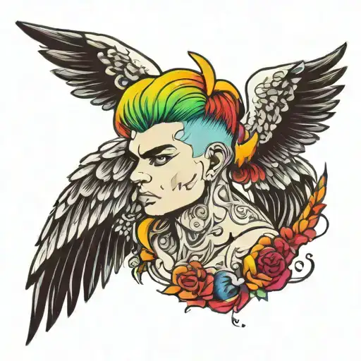 buff angel boy with rainbow hair tattoo design idea