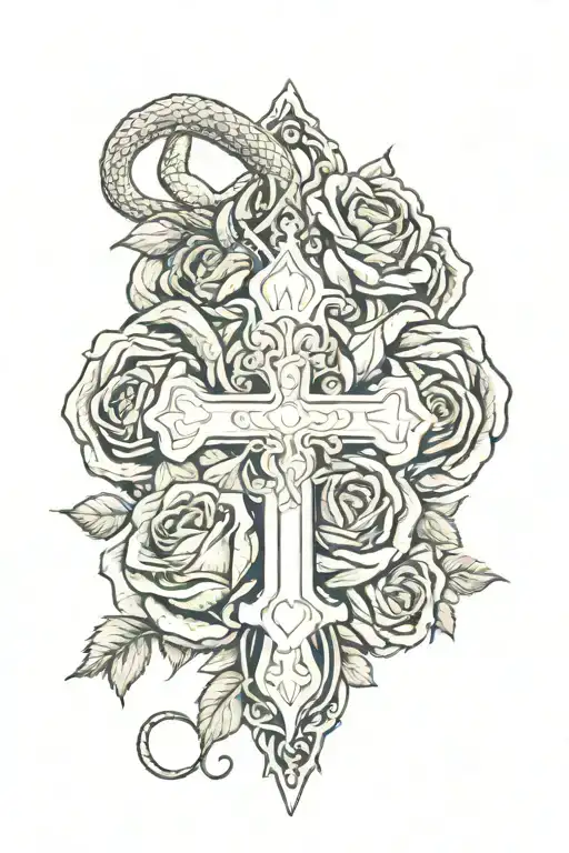 cross surrounded by snake slithering inbetween 3 roses  tattoo design idea
