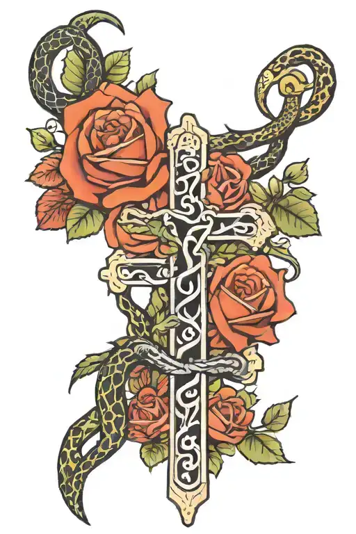 cross surrounded by snake slithering inbetween 3 roses  tattoo design idea