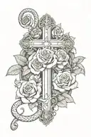 cross surrounded by snake slithering inbetween 3 roses  tattoo design idea