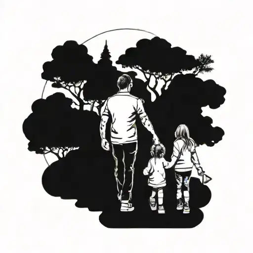 dad daughter and son walking tattoo design idea