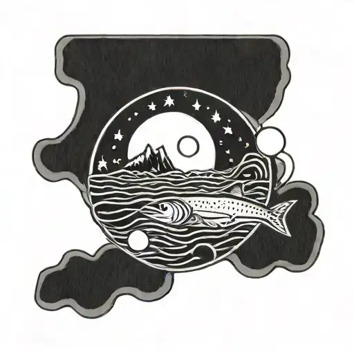 black lines, circle shape, lake superior, waves, moon and stars, salmon  tattoo design idea
