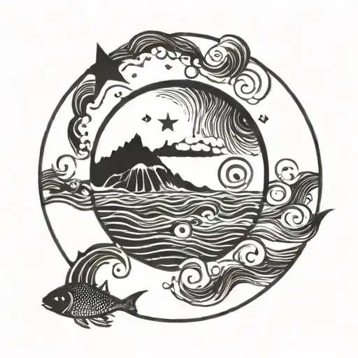 black line minimalist circle tattoo with waves, lake superior, fish, stars tattoo design idea