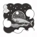 black lines, circle shape, lake superior, waves, moon and stars, salmon  tattoo design idea