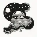 black lines, circle shape, lake superior, waves, moon and stars, salmon  tattoo design idea