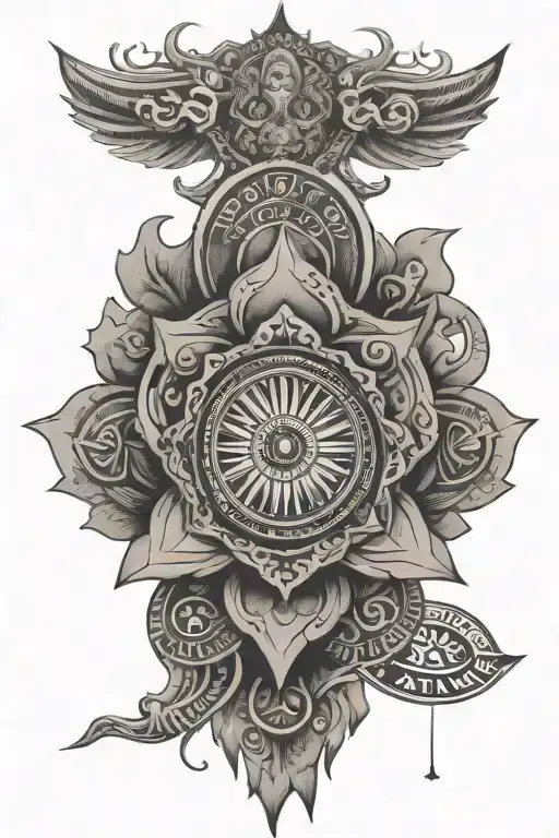 create one like newspaper clippings with ban sudarshan chakra logos tattoo design idea