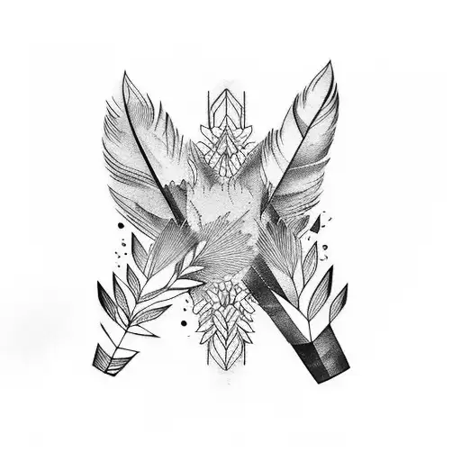 Men’s sleeve tattoo woth watercolors, geometric designs, feathers, trees, birds, dogs, plants, minimalist  tattoo design idea
