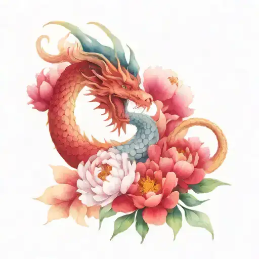 dragon with peonies in traditional style tattoo design idea