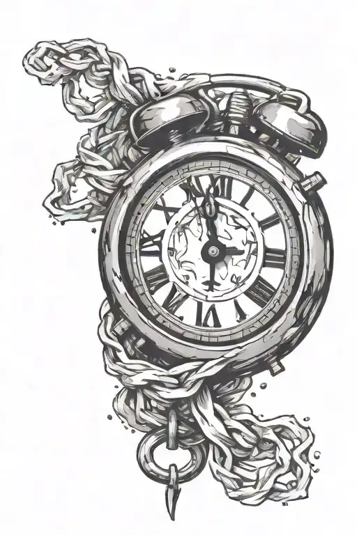 a hand holding  a broken melting stopwatch in roman numerals with the time set to 11:43  tattoo design idea