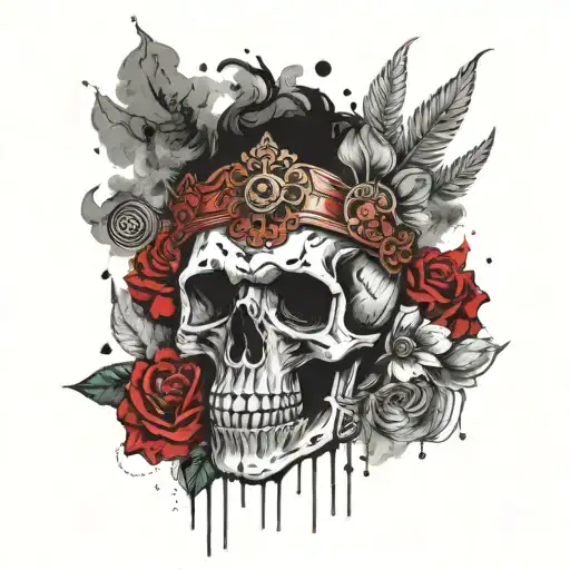 half skull with flower and crown surrounded by smoke tattoo design idea