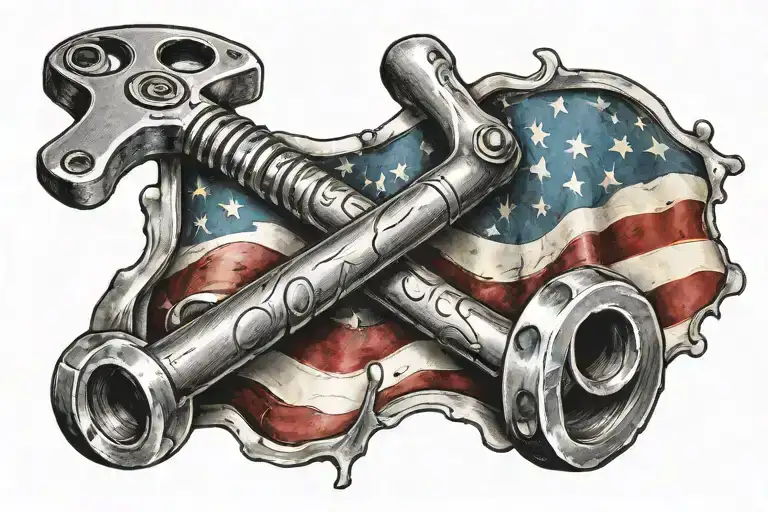 flag with wrench, hammer, and paintbrush as stripes painted on by a paint roller tattoo design idea