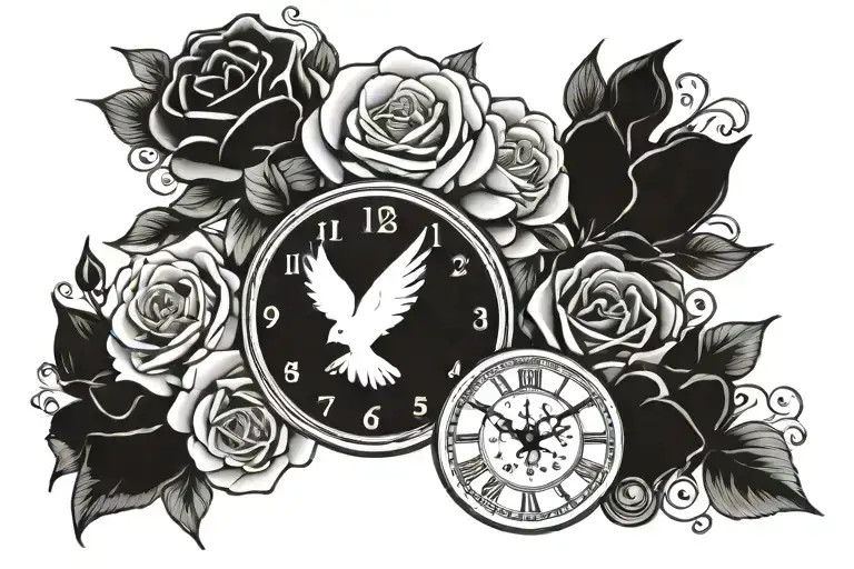 Roses, number 18, dove, clock face with the time set to 6:18 tattoo design idea