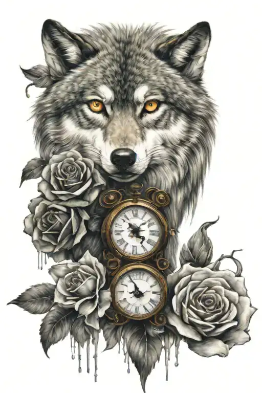 Wolf with one red eye and one blue eye , an owl with piercing yellow eyes , a roses a clock  tattoo design idea