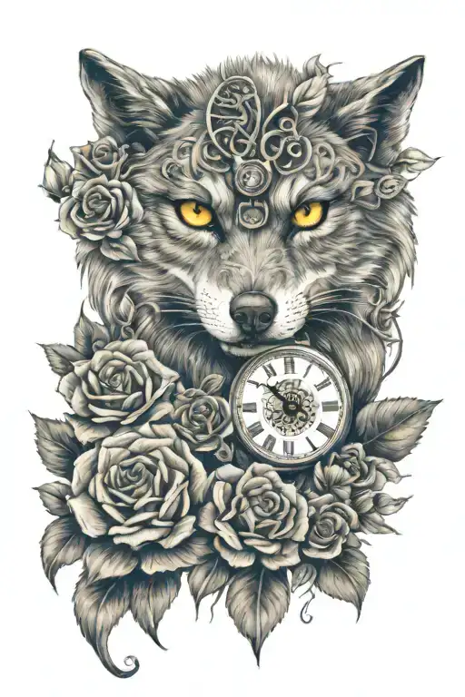 Wolf with one red eye and one blue eye , an owl with piercing yellow eyes , a roses a clock  tattoo design idea