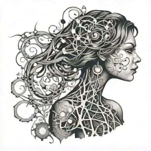 A woman's silhouette with intricate drug molecule patterns flowing through her veins tattoo design idea