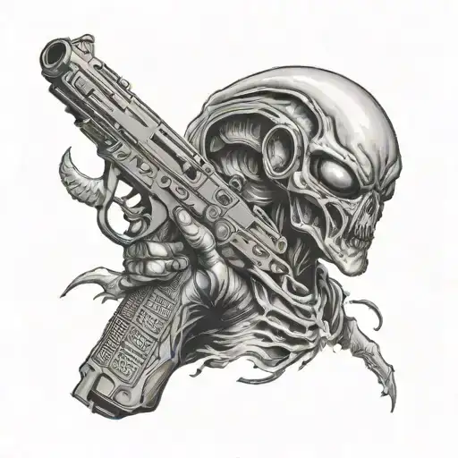 alien in mask pistol robbery tattoo design idea