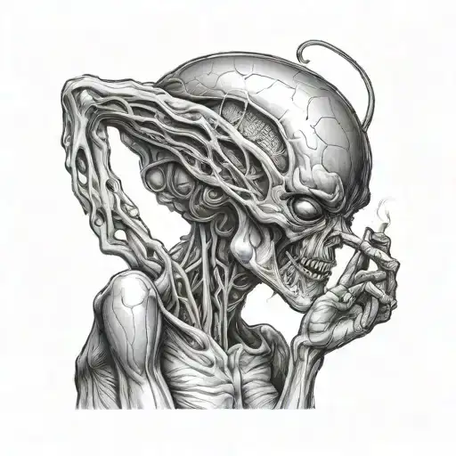 Alien smoking a joint surrounded by women in provocative poses tattoo design idea