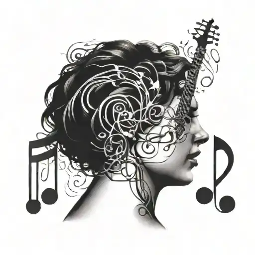 A tattoo design combining musical notes and a woman's silhouette, with a subtle reference to drugs tattoo design idea