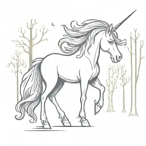  Sketch a majestic unicorn with a flowing mane and a glowing horn, standing in an enchanted forest. tattoo design idea