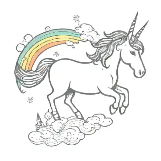 A whimsical unicorn flying over a rainbow tattoo design idea