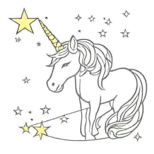 A cute unicorn with a sparkly mane and tail surrounded by stars tattoo design idea
