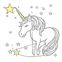 A cute unicorn with a sparkly mane and tail surrounded by stars tattoo design idea