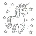 A cute unicorn with a sparkly mane and tail surrounded by stars tattoo design idea