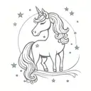 A cute unicorn with a sparkly mane and tail surrounded by stars tattoo design idea