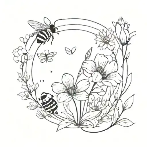 Flower bouquet with stems with Flying bee and small  snail on the ground, surrounded by big circle in the background  tattoo design idea