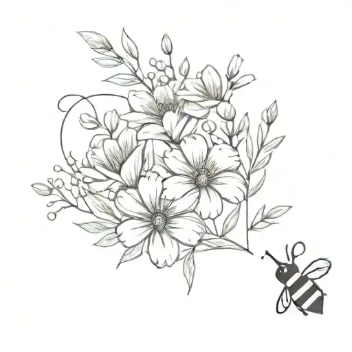 Flower bouquet with stems with Flying bee and snail on the ground  tattoo design idea