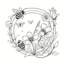 Flower bouquet with stems with Flying bee and small  snail on the ground, surrounded by big circle in the background  tattoo design idea
