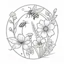Flower bouquet with stems with Flying bee and small  snail on the ground, surrounded by big circle in the background  tattoo design idea