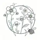 Flower bouquet with stems with Flying bee and small  snail on the ground, surrounded by big circle in the background  tattoo design idea