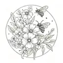Flower bouquet with stems with Flying bee and small  snail on the ground, surrounded by big circle in the background  tattoo design idea