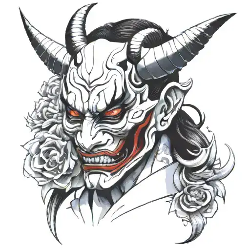 mascara de hannya partido a la mitad con rostro de mujer en medio tattoo design idea