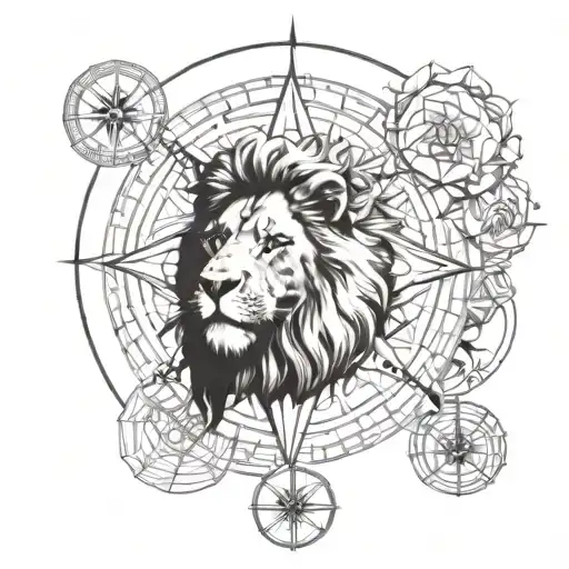 Lion, Compass windrose, flower of life tattoo design idea
