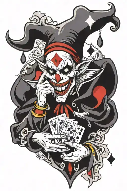 evil jester holding playing cards  tattoo design idea