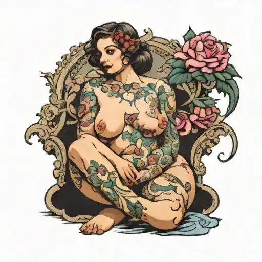 nude female, large breast, legless tattoo design idea
