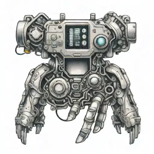 A tattoo of a computer game controller integrated into a futuristic bionic arm design, representing the client's passion for gaming and technology tattoo design idea