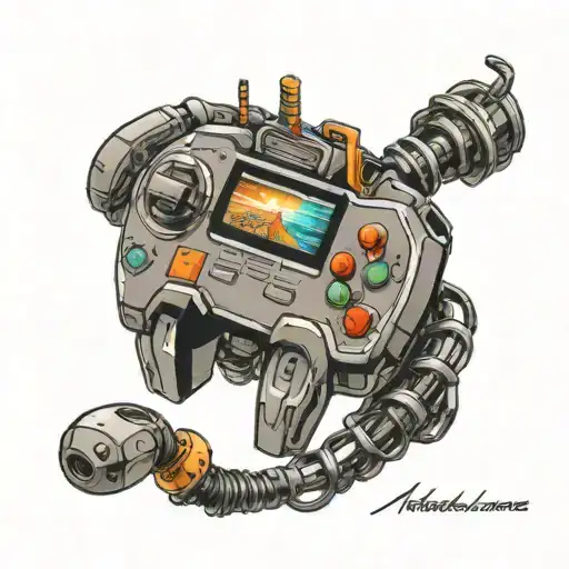 A tattoo of a computer game controller integrated into a futuristic bionic arm design, representing the client's passion for gaming and technology tattoo design idea